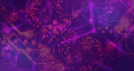 Displaying glowing network lines and circuit traces with interconnected nodes in virtual cyberspace