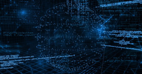 Glowing data cloud hovering over grid floor in digital space, with code snippets and data streams