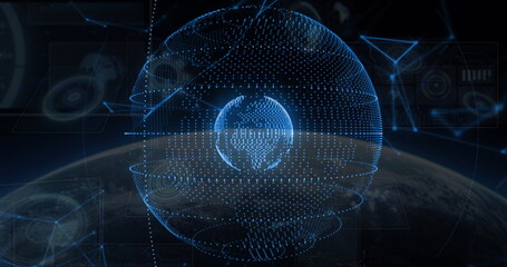 Floating concentric holographic data spheres revolving above planet horizon, with wireframe panels