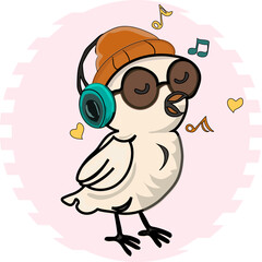 Bird with big headphones singing a melody