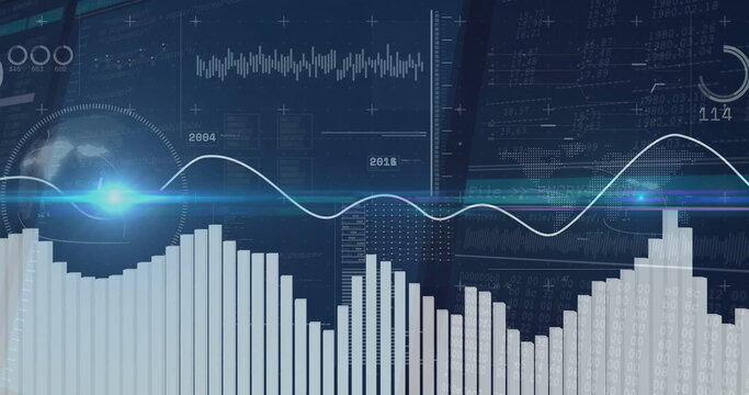 Displaying white bar chart spanning bottom of data dashboard, with translucent globe and line graph