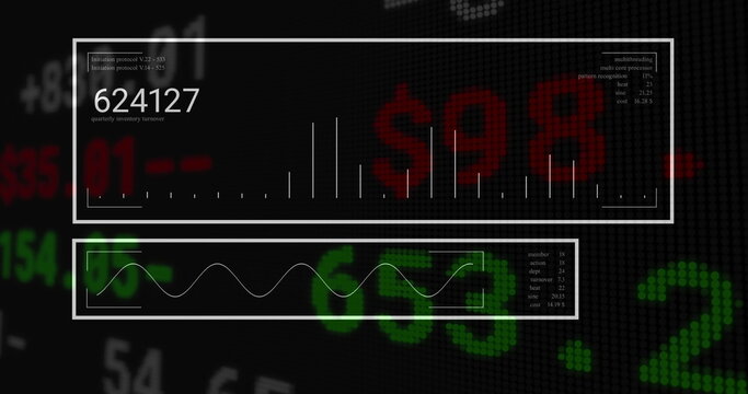 Displaying digital UI panels on grid background, presenting bar chart, waveform and numeric tickers
