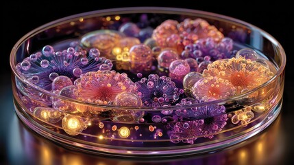 Glowing Petri dish overflowing with vibrant abstract representations of scientific concepts.
