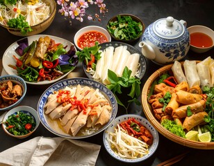 A diverse spread of Vietnamese cuisine, showcasing various dishes with colorful garnishes and vibrant textures.