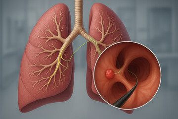 Lung Cancer Diagnosis Illustration with Bronchoscope View, Medical Concept [Illustration]