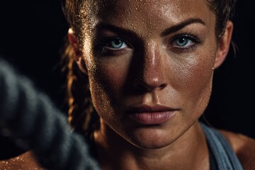 Obraz premium A fit woman in black sportswear works out intensely with battle ropes, highlighting strength, endurance, and determination in a gym setting.