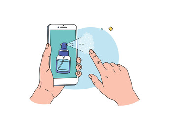 Smartphone sterilization hygiene practice using antiseptic spray for digital device cleaning safety measures