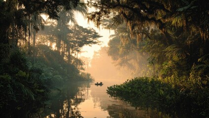 Misty jungle waterway at dawn