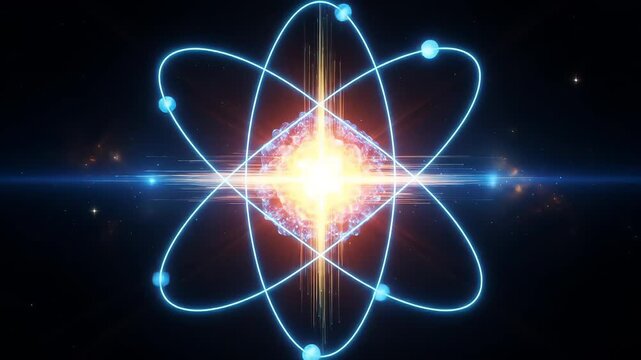 Glowing atomic structure with blue electron orbits around bright nucleus in dark cosmic background

