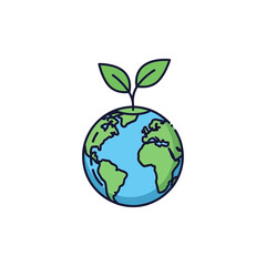 Illustration of earth with green continents and blue oceans and two green leaves sprouting from top