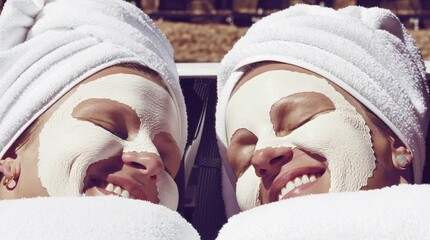 Two Smiling Women Relaxing with Facial Masks and Towel Wraps, Spa Day, Skincare Treatment, Wellness and Self-Care