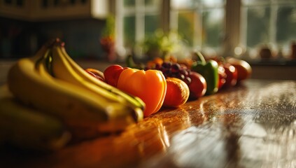 Fresh produce arranged on a wooden table, bathed in sunlight