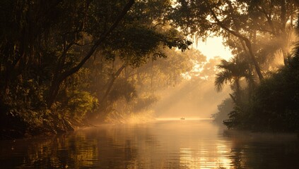 Sunrise in a misty jungle waterway
