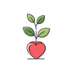 A heart shaped object with green leaves growing out of it on a white background in a minimalist design