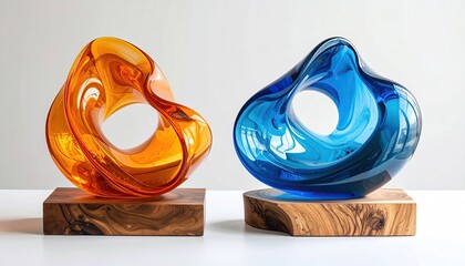 Two abstract sculptures, vibrant orange and blue,  sit on light-brown wooden bases.  Each piece is a flowing, organic form with a central, smooth, open circle.  