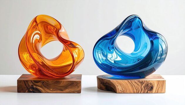 Two abstract sculptures, vibrant orange and blue, sit on light-brown wooden bases. Each piece is a flowing, organic form with a central, smooth, open circle.