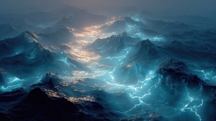 Fototapeta premium Seismic disturbances beneath ocean waves, with glowing cracks indicating volcanic eruptions