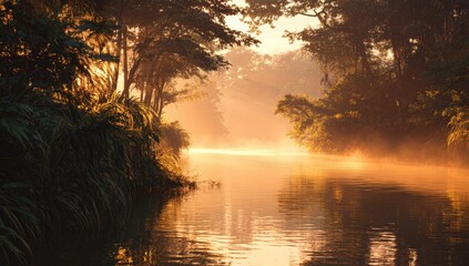Sunrise over a misty river in a lush jungle
