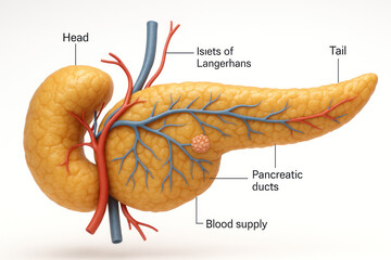 Human Pancreas Anatomy Illustration with Labels - Head, Tail, Islets of Langerhans, Ducts, Blood Supply [Illustration]