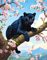 A majestic black panther rests on a branch laden with delicate cherry blossoms, overlooking a serene landscape of rolling hills and distant mountains.
