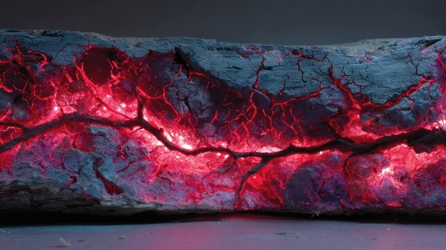 Red vascular patterns preserved in fossilized bone, illuminated by ultraviolet light, revealing biological history