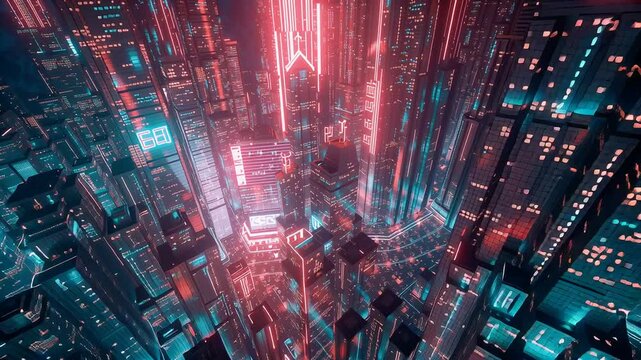 Aerial drone view of a futuristic city at night glowing with neon lights, cyberpunk skyline, luminous skyscrapers, vibrant urban landscape, perfect for sci fi, technology, and modern digital backgroun