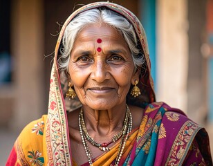 A portrait of a smiling elderly woman adorned in a vibrant traditional Indian saree.