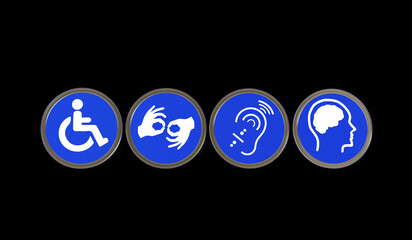 Accessibility Icons: A set of inclusive accessibility icons against a dark backdrop, signifying inclusivity, accommodating needs, and ensuring that spaces, services.