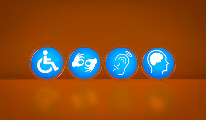 Inclusive Accessibility Icons: a series of round accessibility icons on a orange background. Representing diverse types of disability, these icons are used to indicate facilities and services