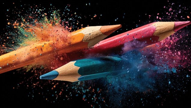 Colored pencils exploding in vibrant powder (1)