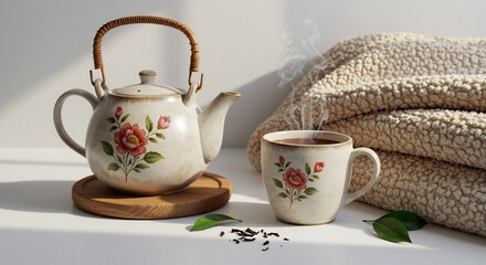 Fototapeta premium (Atatakai koucha to yasashii hikari Hanagara tiipotto to kappu Odayakana gogo) Translation: Warm tea and gentle light. Flowery teapot and cup. Peaceful afternoon.. AI Generated