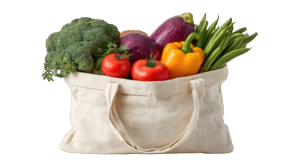 Reusable tote bag filled with assorted fresh vegetables