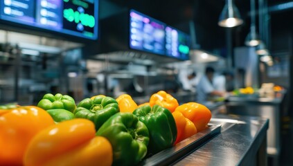 Fresh bell peppers on a stainless steel tray in a modern kitchen