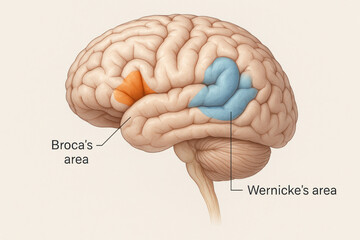 Brain illustration showing Broca's and Wernicke's areas, Illustration