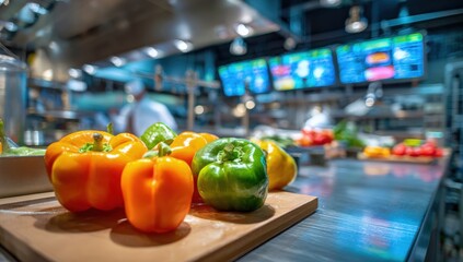 Freshly picked peppers on a countertop in a busy kitchen