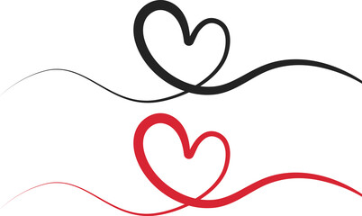 Abstract Heart Line Art – Black and Red Love Symbols with Flowing Curves