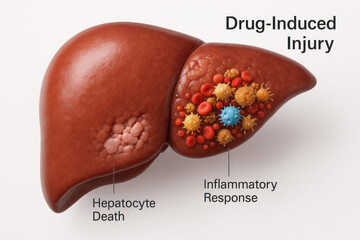 Drug-Induced Liver Injury Illustration: Hepatocyte Death & Inflammation, Medical Education [Illustration]