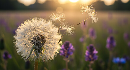 A dandelion seed head in a field with purple flowers, some seeds detaching and floating in the air at sunset.