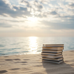Stack of books on a sandy beach with the ocean and a bright, cloudy sunset in the background.