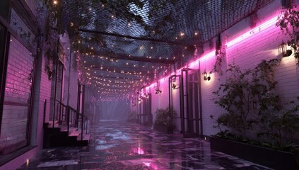 A mystical alleyway bathed in pink light