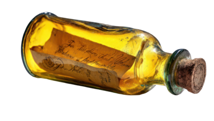Antique amber glass bottle with a message