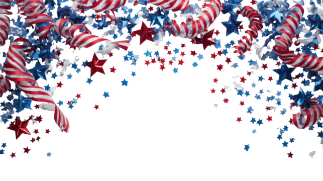 Patriotic confetti arch. Red, white, and blue streamers and stars cascade over a black background
