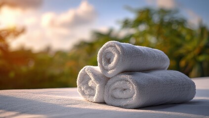 Rolled white towels on a surface, out-of-focus backdrop of sunset and foliage