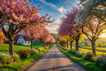Naklejka premium Idyllic spring lane lined with blooming cherry blossom trees