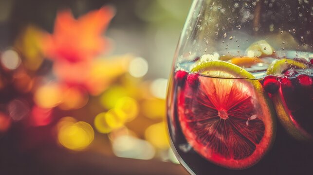 A glass of sangria with fresh citrus and berries, evoking warm Spanish National Day celebrations.