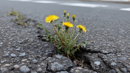 Dandelions sprout through cracked asphalt