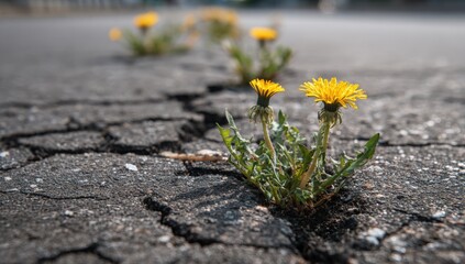 Yellow dandelions sprout through cracked asphalt
