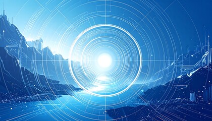 A futuristic landscape, highlighted by a glowing, circular interface overlay, bathed in shades of blue and white.