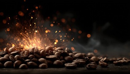 Coffee beans with dramatic fire and smoke