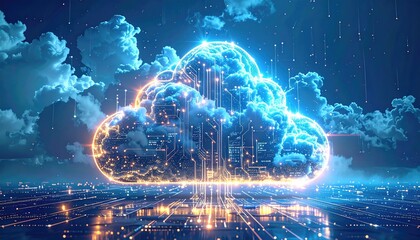 Futuristic cloud computing concept.  Cityscape at night under a glowing, interconnected cloud network